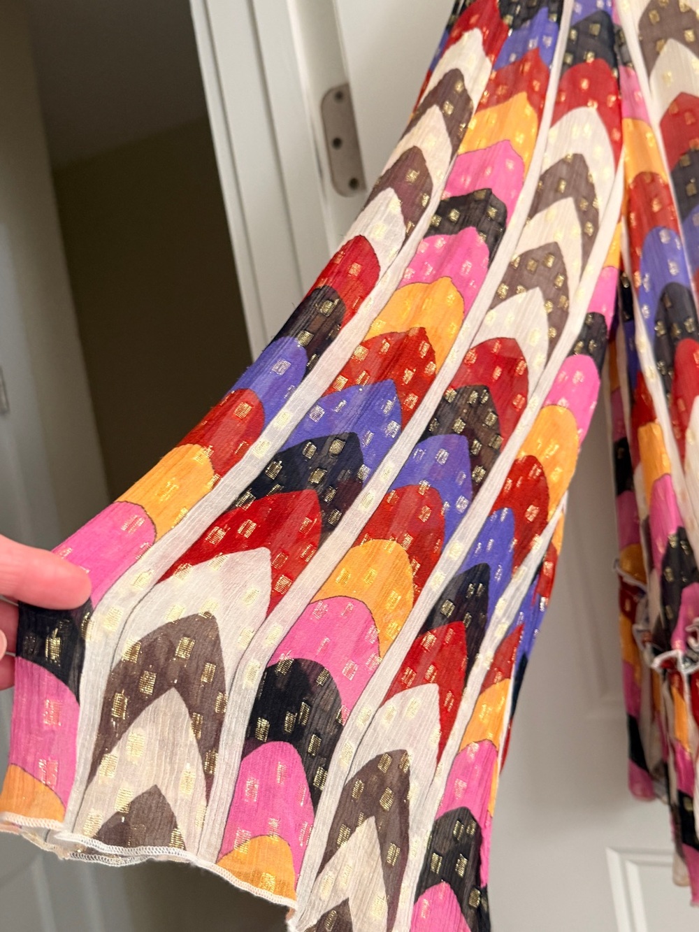 Oliphant Multi-Color Geometric Ruffle-Hem Blouse - Picture 4 of 5